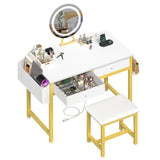 KAI-ROAD Makeup Vanity Desk with Mirror and Lights - Small White Gold Vanity Table with Fabric Drawers & Chair, Power Outlet, Modern Make Up Vanitys Desks Set, Dressing Table for Girls Bedroom KAI-ROAD