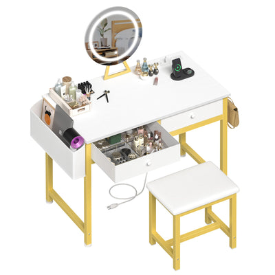 KAI-ROAD Makeup Vanity Desk with Mirror and Lights - Small White Gold Vanity Table with Fabric Drawers & Chair, Power Outlet, Modern Make Up Vanitys Desks Set, Dressing Table for Girls Bedroom