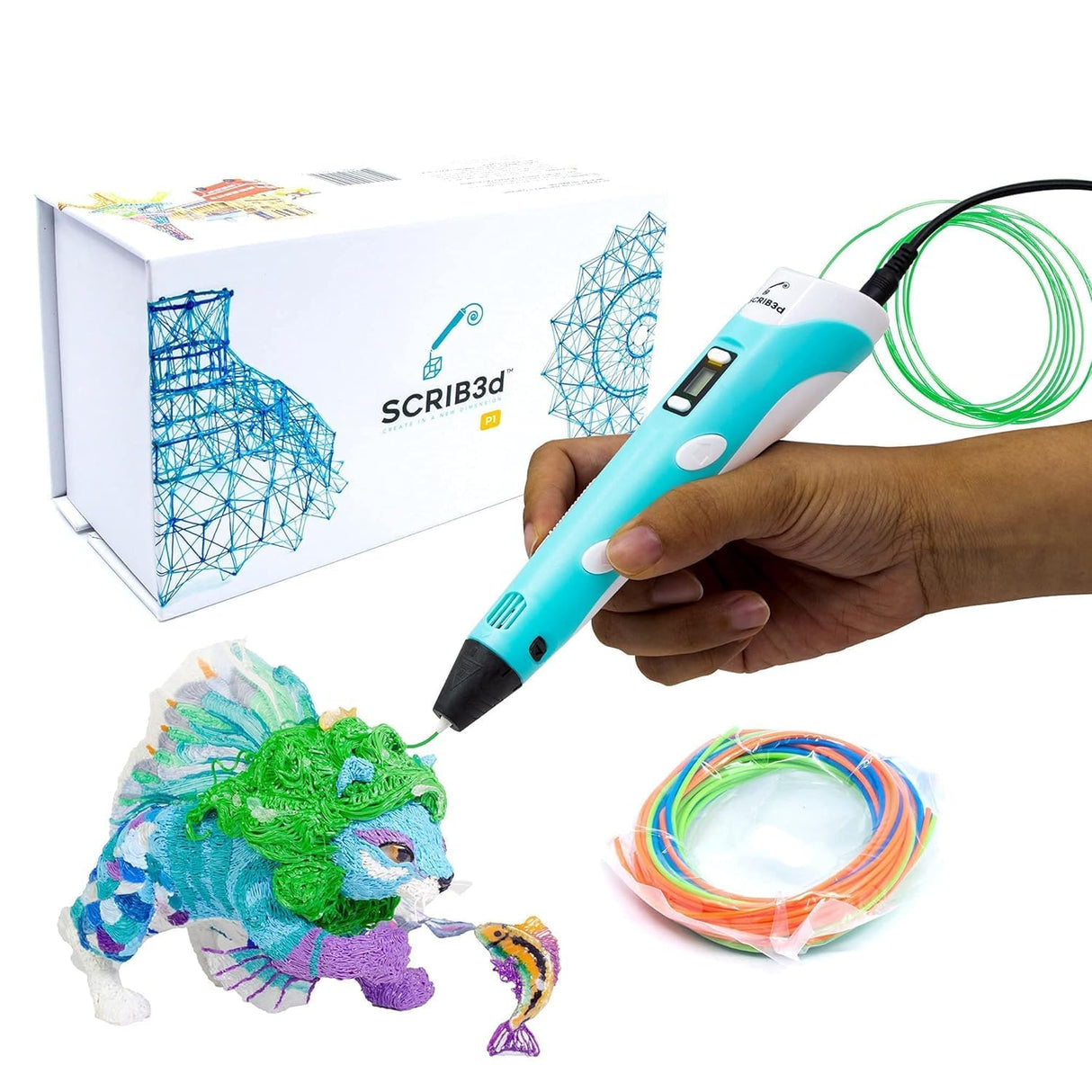 SCRIB3D P1 3D Printing Pen with Display - Includes 3D Pen, 3 Starter Colors of PLA Filament, Stencil Book + Project Guide, and Charger SCRIB3D