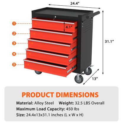 5-Drawer Tool Chest Toolbox, Rolling Tool Chest with Wheels, High Capacity Detachable Mobile Tool Storage Cabinet for Workshop, Garage, Mechanics and Repair Room(Black&red) - WoodArtSupply