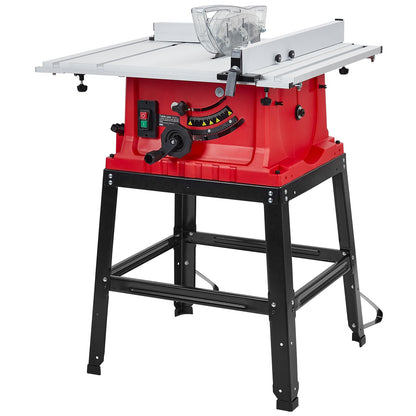 Table Saw, 10 Inch 15A Multifunctional Saw With Stand & Push Stick, 90° Cross Cut & 0-45° Bevel Cut, 5000RPM, Adjustable Blade Height for Woodworking, Red - WoodArtSupply