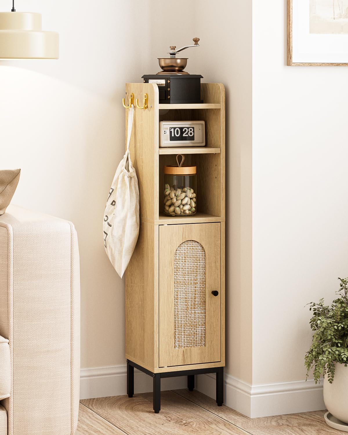 AEPOALUA Bathroom Storage Cabinet, Small Corner Floor Hutch with 2Hooks,Narrow Toilet Paper Cabinet with Rattan Door,Bathroom Organizer with Adjustable Shelf, for Small Spaces,Oak AEPOALUA