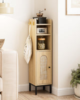 AEPOALUA Bathroom Storage Cabinet, Small Corner Floor Hutch with 2Hooks,Narrow Toilet Paper Cabinet with Rattan Door,Bathroom Organizer with Adjustable Shelf, for Small Spaces,Oak AEPOALUA