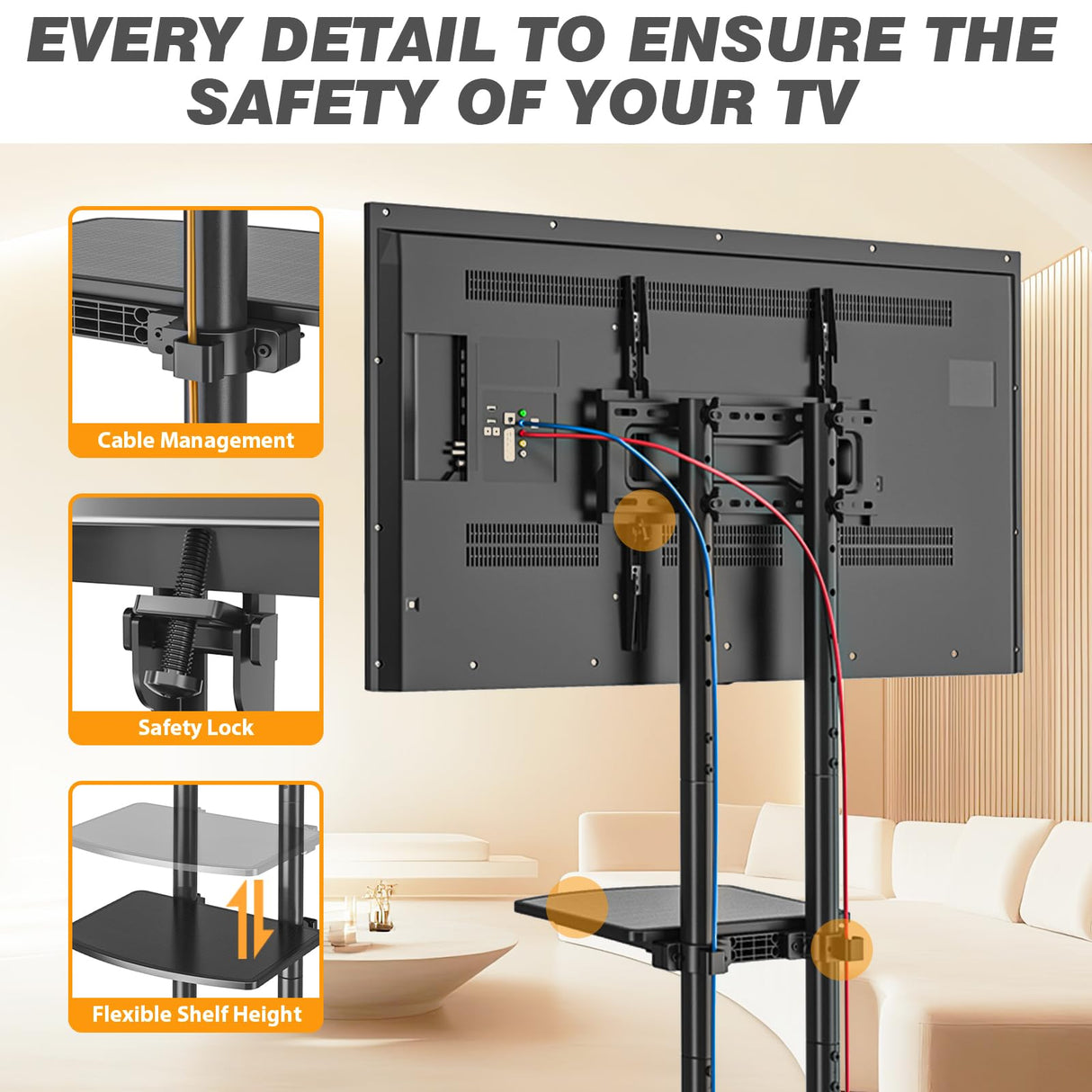 Rolling TV Stand with Upgraded Wheels for 32-70 Inch TVs, Height Adjustable Mobile TV Stand with Laptop Shelf, Mobile TV Cart with Heavy Duty Structure up to 88lbs for Living Room, Patio, Office TVON