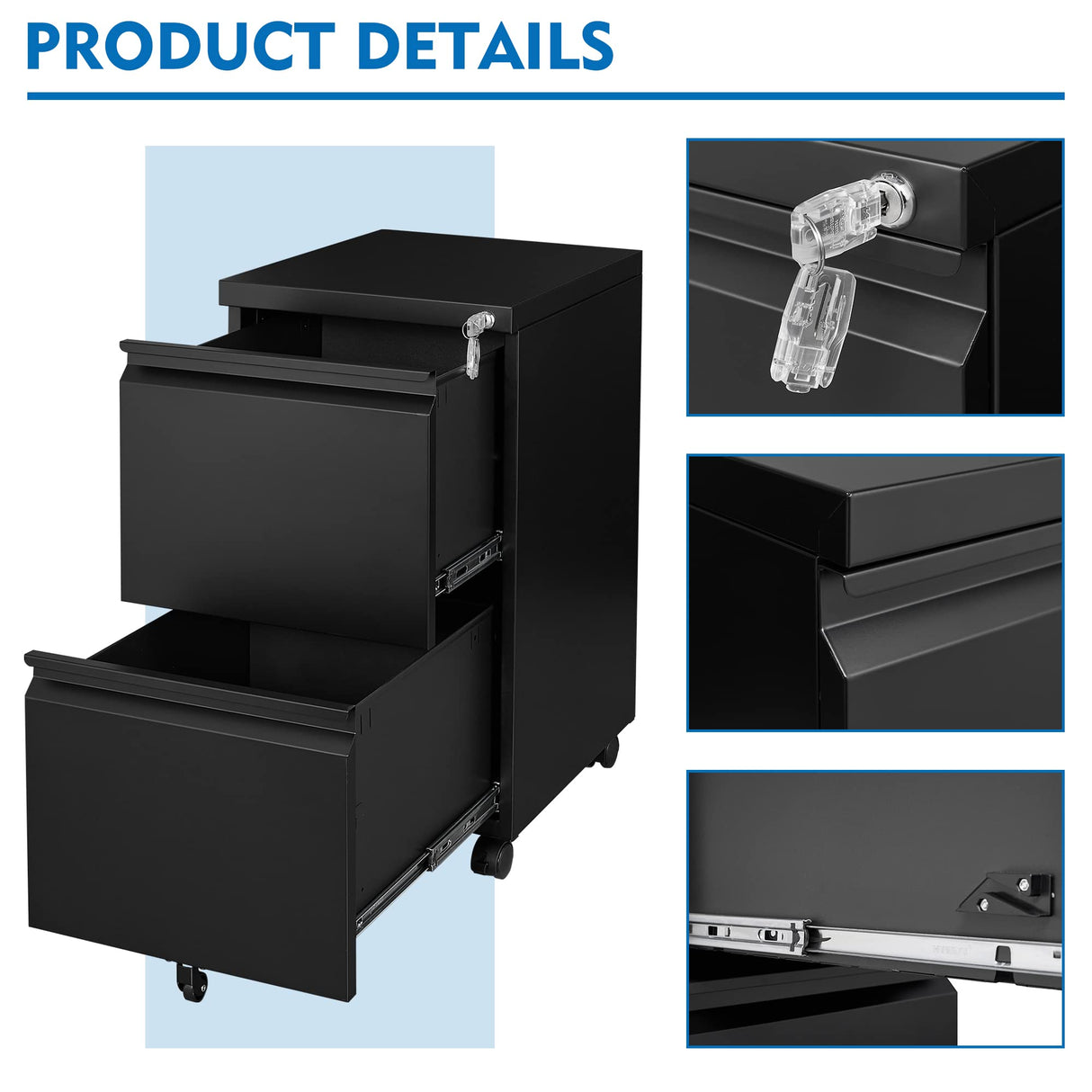 BYNSOE 2 Drawers File Cabinet with Lock Metal Vertical File Cabient with Wheels Mobile File Cabinet for Office Home Legal/Letter/a4 Size (Black, 2 Drawers) BYNSOE