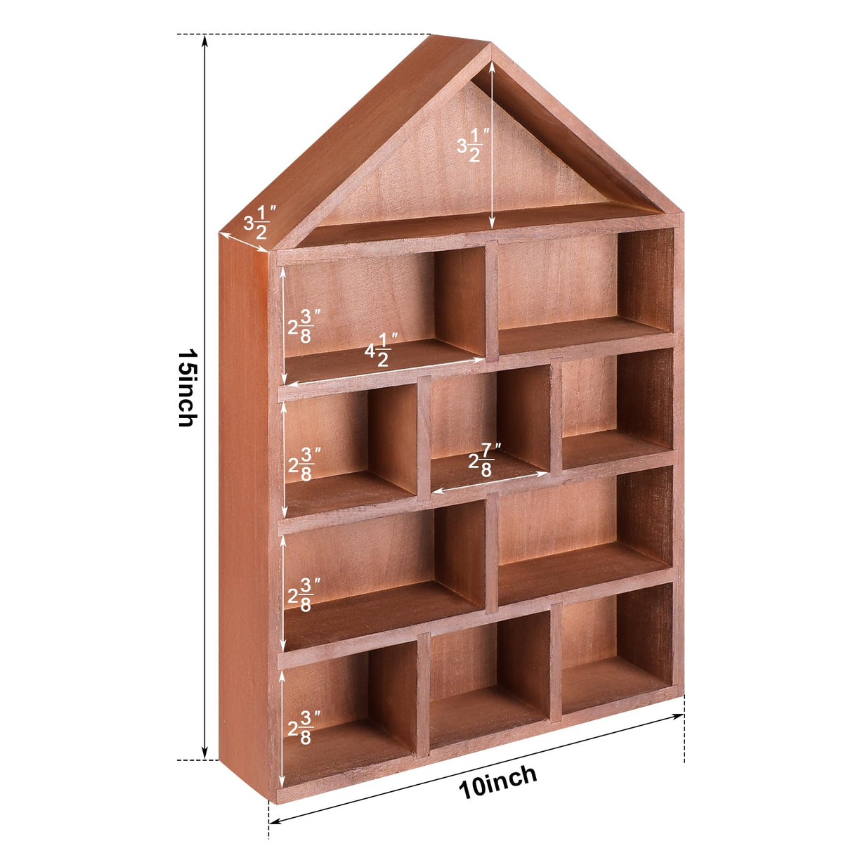 Threehoney House Shaped Wooden Shadow Cubby Box 10 W x 2 1/4 D x 15 H Hanging Display Shelf Organizer Wall Mounted Curio Cabinet Wooden Display Case Miniature Shelf for Figures(Brown) Threehoney