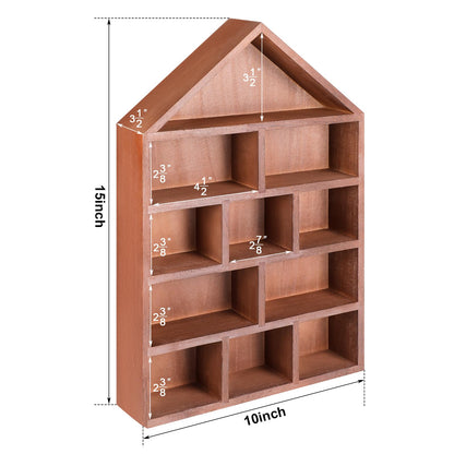 Threehoney House Shaped Wooden Shadow Cubby Box 10 W x 2 1/4 D x 15 H Hanging Display Shelf Organizer Wall Mounted Curio Cabinet Wooden Display Case Miniature Shelf for Figures(Brown)