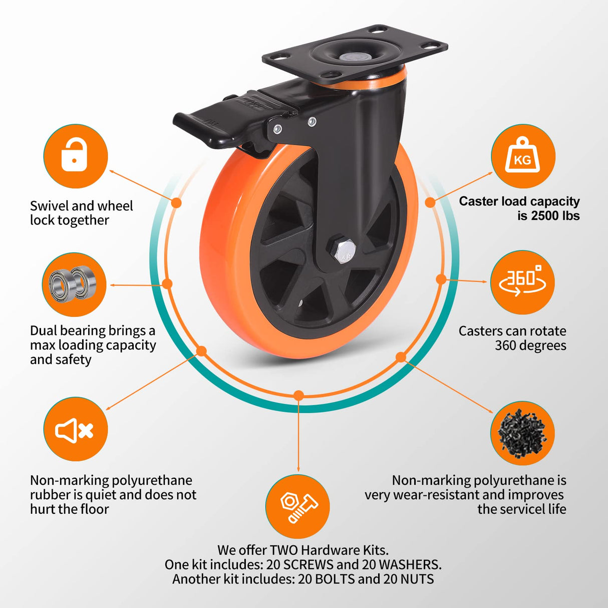 6 Inch Caster Wheels 3000 Lbs, Heavy Duty Casters Set of 4 with Brake, Safety Dual Plate Locking Industrial Casters, Silent Wheels for Cart with Polyurethane Foam (Two Hardware Kits Included) ENYKE