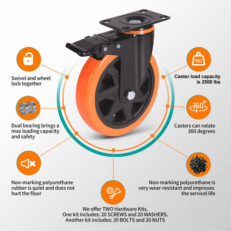 6 Inch Caster Wheels 3000 Lbs, Heavy Duty Casters Set of 4 with Brake, Safety Dual Plate Locking Industrial Casters, Silent Wheels for Cart with Polyurethane Foam (Two Hardware Kits Included) ENYKE