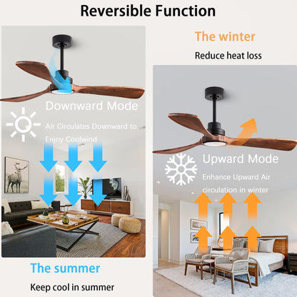 dearnow 52" Wood Ceiling fan, (with light with remote control) with 3 solid wood blades, wooden ceiling fan for indoor and outdoor use, suitable for living room, dining room, patio and more.