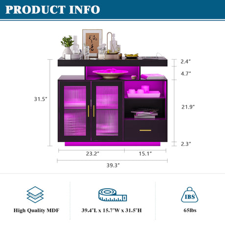 WOOVIVS 39.4" Modern LED Sideboard Buffet Cabinet with Charging Station, High Glossy Cupboard with Motion Sensor Light, Coffee Bar Storage Cabinet with Acrylic Panel for Living Room, Kitchen (Black) WOOVIVS