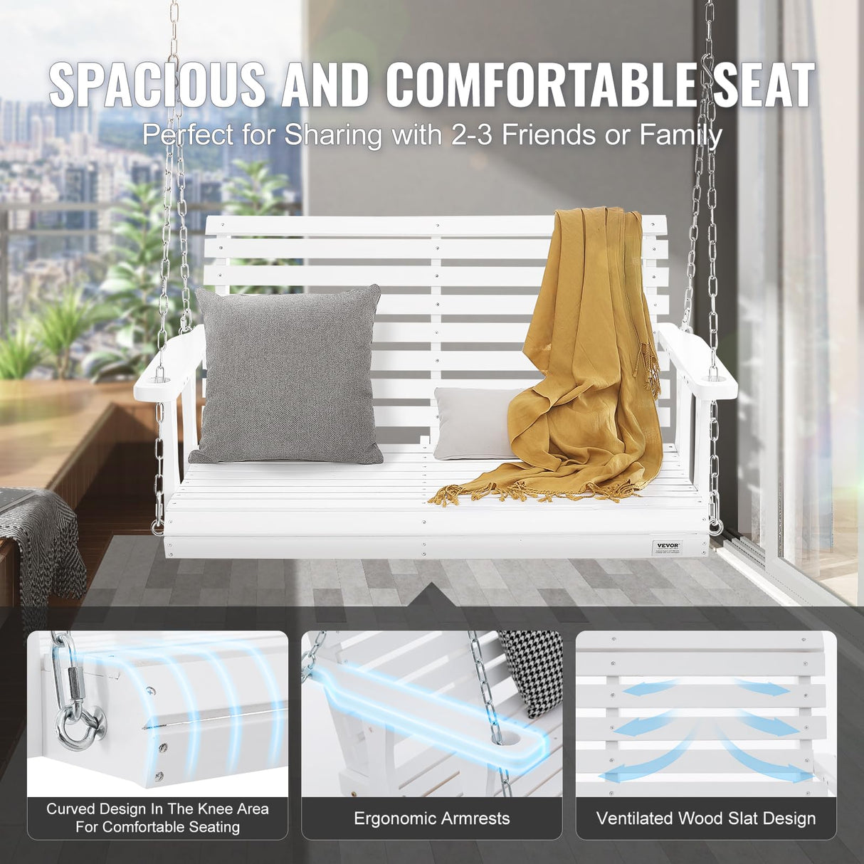 VEVOR Wooden Porch Swing 4 ft, Patio bench swing for Courtyard & Garden, Upgraded 880 lbs Strong Load Capacity, Heavy Duty Swing Chair Bench with Hanging Chains for Outdoors, White VEVOR