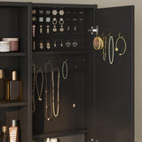 Vanity Table with Mirror, Lights and Charging Station - Glass Top Vanity with 3 Drawers, Jewelry Cabinet and Sliding Door, 42.8 Inches Halitaa