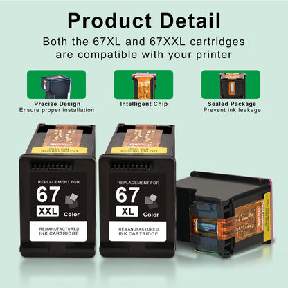 SAILNER Remanufactured Ink Cartridge Replacement for HP Ink 67 67XL 67XXL Ink Cartridge Black/Color Combo Pack for DeskJet 4155e 2755e 4155 2700 Envy 6055 Printer (1 Black, 1 Tri-Color, 2 Pack)