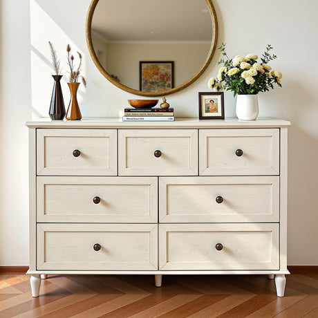 Mixcous White 7 Drawer Dresser, Double Dressers Chests with Vintage Handles, Solid Wood Chest of Drawers, Long Dresser TV Stand for Bedroom, Modern Storage Cabinet for Living Room & Nursery Mixcous