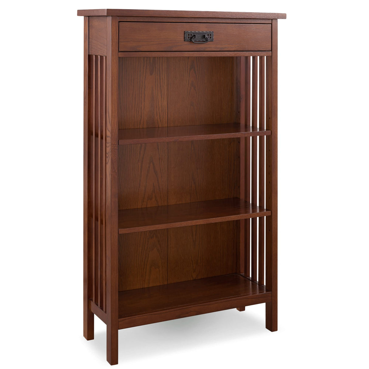 Leick Home 82262 Mission Mantel Height Bookcase with Slatted Sides and Top Drawer, Made with Solid Wood, for Living Rooms, Mission Oak Finish, Brownbronze Leick Home