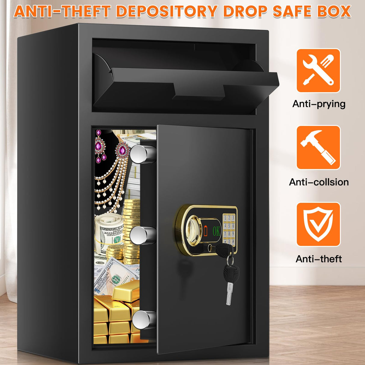 3.6 cu ft Large Fireproof Drop Safe Box for Business, Anti-Theft Money Drop Slot Safes with Digital Keypad and Spare Keys, Heavy-duty Cash Depository Lock Safe for Home Office Retail Store Business Tiskgg