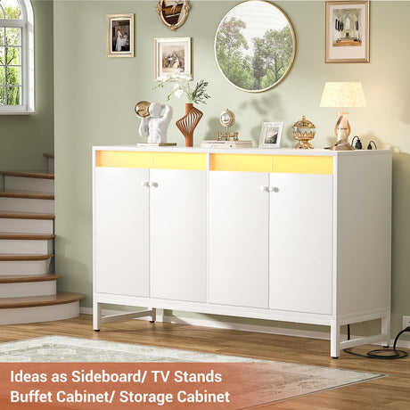 Aheaplus Sideboard Buffet Cabinet with Power Outlet, Kitchen Storage Cabinet with LED Light & Doors, Accent Cabinet Cupboard Buffet Table with Storage for Dining Room, Living Room, Hallway, White Aheaplus