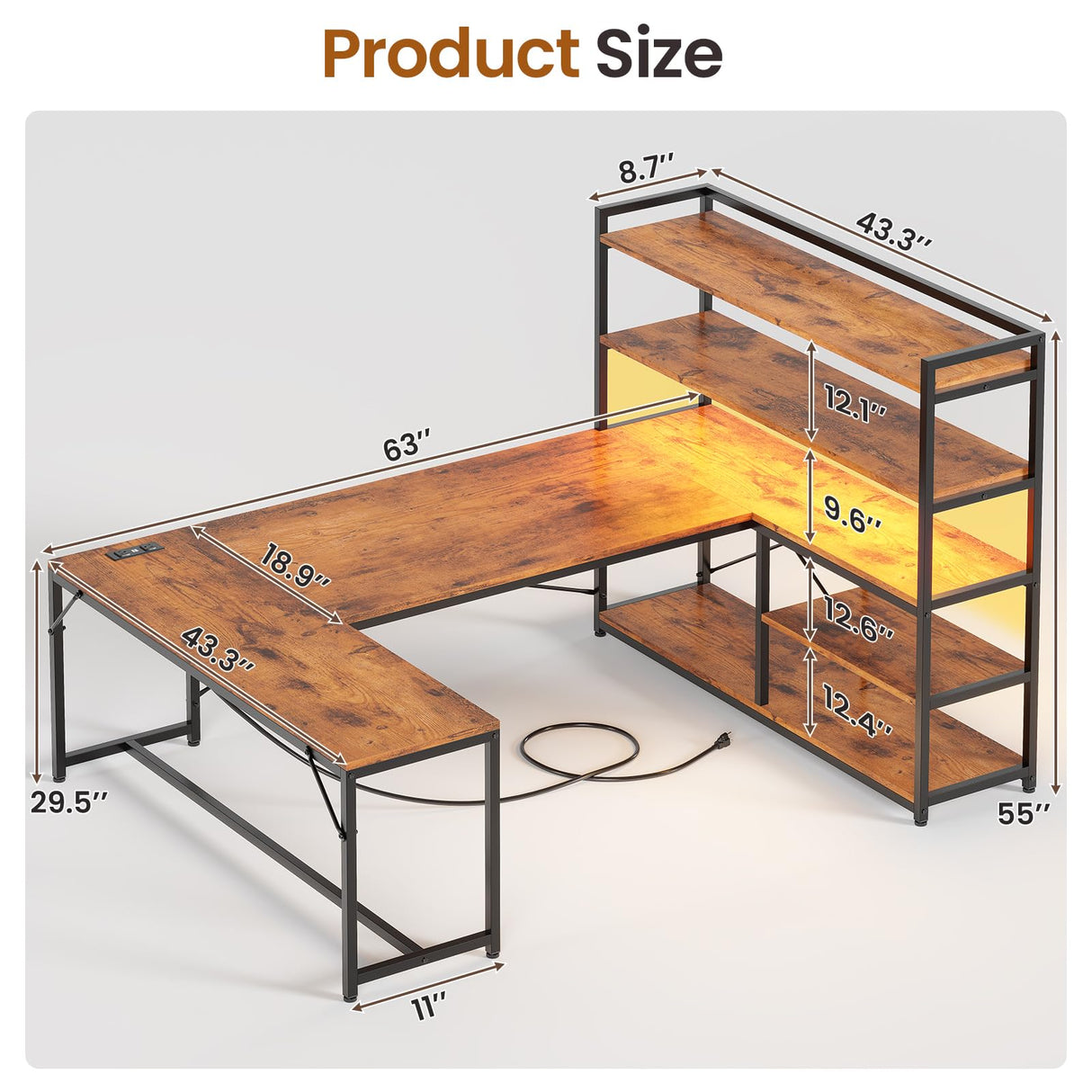 SEDETA L Shaped Desk with Storage Shelves, 63” Reversible U Shaped Office Desk, Gaming Desk with Power Outlet and LED Lights for Home Office, Rustic Brown SEDETA