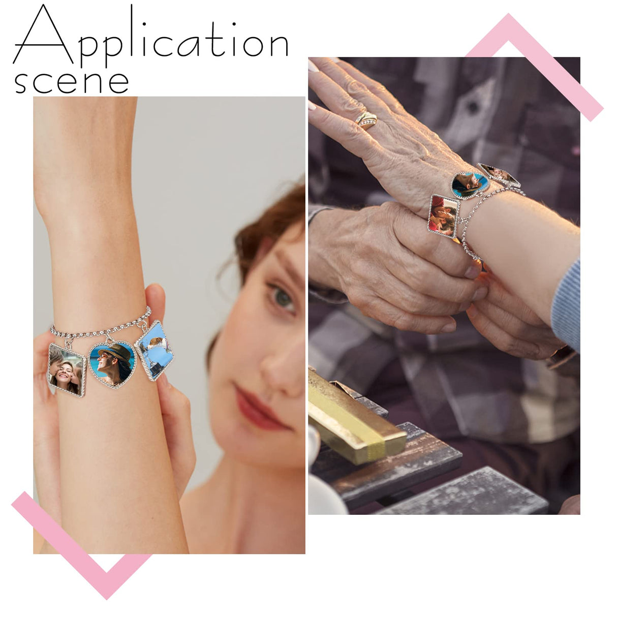 PH PandaHall 4 Sets Sublimation Bracelets Blanks Heat Transfer Bracelet Tray Heart Photo Bezel Square Craft Bezel Setting Blank for Christmas Party Friendship Bracelet Sweet Birthday Wedding Gift PH PandaHall