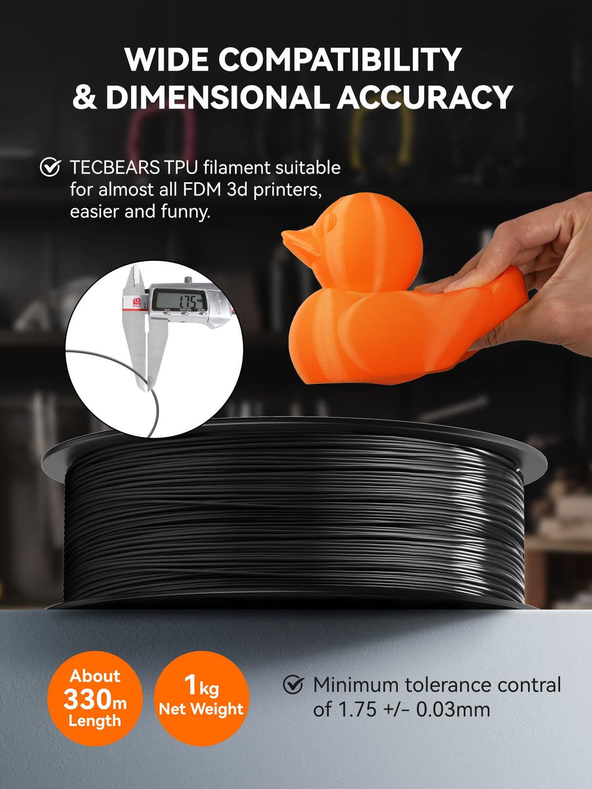 TECBEARS TPU Filament 1.75mm, 95A 3D Printer Filament, Flexible TPU Filament for Fast Printing, 250G Spool, 8 Rolls, 2KG in Total, Black+White+Transparent+Grey+Red+Blue+Green+Orange TECBEARS