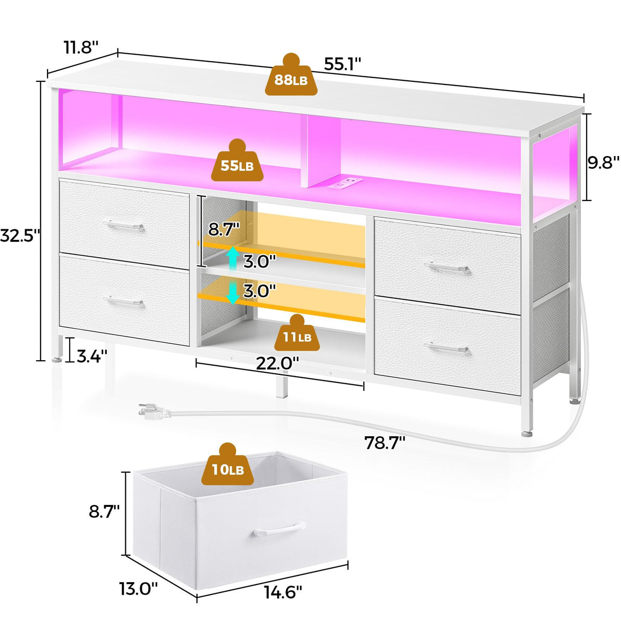 Rolanstar TV Stand with Power Outlets and LED Light, 4 Fabric Drawers Entertainment Center for 32/45/55/65 inch TVs, Media Console with Storage for Living Room or Bedroom, White Rolanstar