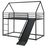 NKISHECK Twin Over Twin Bunk Bed with Slide, Junior House Low Bunk Bed Metal Bunkbeds with Ladder and Full-Length Guardrail for Girl, Boy, Floor Bunk Bed, No Box Spring Needed (Black) NKISHECK