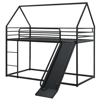 NKISHECK Twin Over Twin Bunk Bed with Slide, Junior House Low Bunk Bed Metal Bunkbeds with Ladder and Full-Length Guardrail for Girl, Boy, Floor Bunk Bed, No Box Spring Needed (Black)