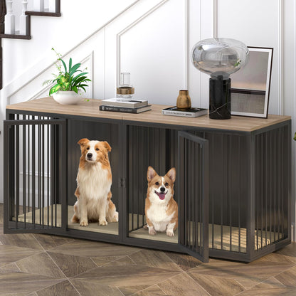 Large Dog Crate Furniture for 2 Dogs, 71.6'' Steel Frame Dog Crate with Double Doors, Heavy Sturdy Dog Kennel for Small Medium Large Dog, Indoor Double Dog Cage (Black) - WoodArtSupply