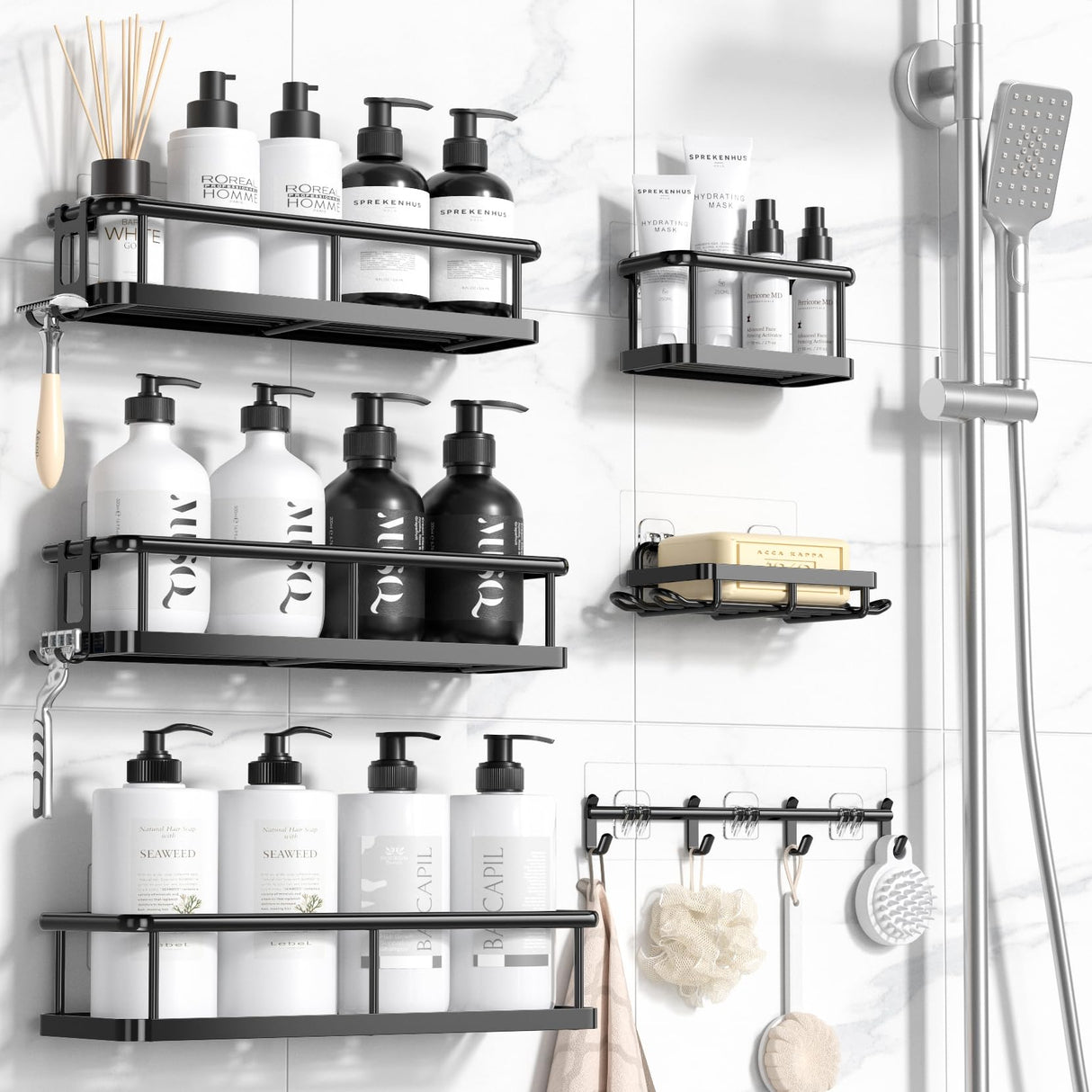 YASONIC Shower Caddy, 6 Pack Large Capacity Shower Organizer with Soap Holder and 12 Hooks, Rustproof Shower Shelves for Inside Shower, No Drilling&Sleek Bathroom Organizers and Storage YASONIC