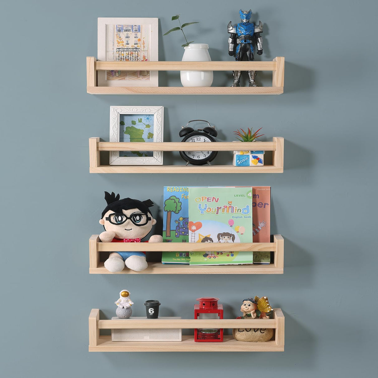 DUICIRX Nursery Room Shelves Set of 4, Wood Floating Book Shelves for Kids Room, Baby Book Shelf for Nursery, Kitchen Spice Rack (Natural Wood) DUICIRX