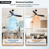 Wood Ceiling Fans with Lights, 52 Inch Ceiling Fans with Light and Remote for Bedroom Living Room Kitchen Office, Indoor/Outdoor Use, 3CCT Dimmable, 3 Blades 6 Speed Reversible Quiet DC Motor, Black Conciseer
