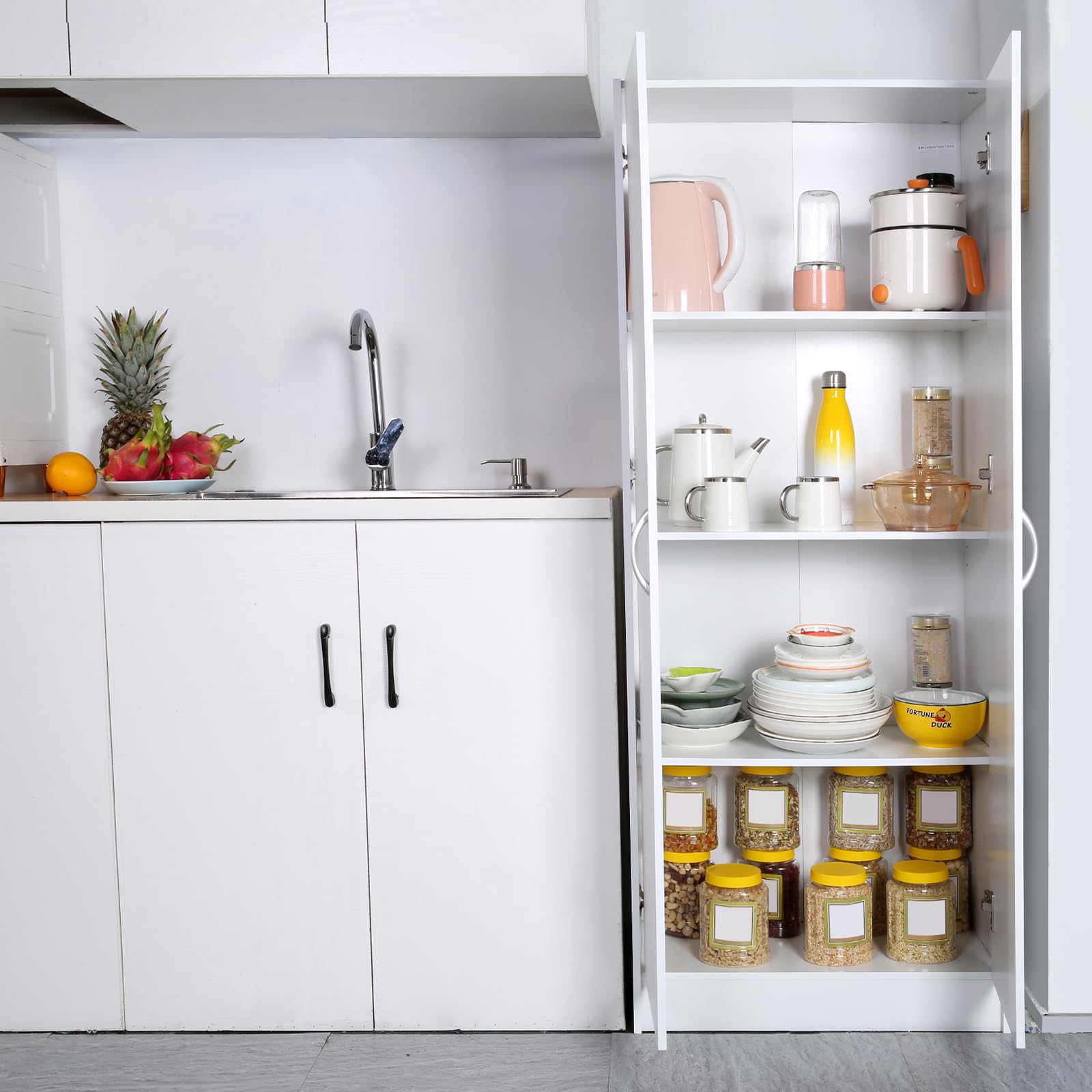 VEVOR Pantry, 60" Tall Food Storage Cabinet 110LBS Freestanding with 3 Shelves(2 Adjustable), Engineered Wood Utility for Kitchen and Dining Room, White - WoodArtSupply