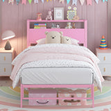 Weehom Twin Bed Frames for Kids with 2 Tiers Wood Storage Shelves Headboard, Twin Size Bed No Box Spring Needed Under Bed Storage Space Metal Platform for Girls and Adults, Pink Weehom