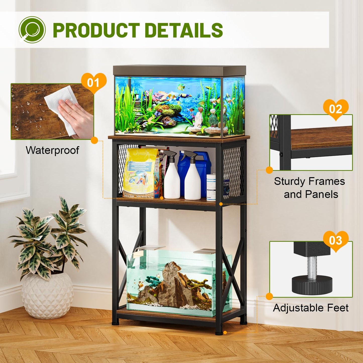 Snughome Fish Tank Stand, 10 Gallon Aquarium Stand with Storage, 3 Tier Heavy Metal Fish Tank Stand Fish Tank Shelf 20.47''L×11.42''W×30.91''H, Rustic Brown - WoodArtSupply