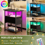 Yoobure End Table with Charging Station, Narrow Side Table with Adjustable Fabric Drawer, 3-Tier End Tables Living Room, Small Nightstand with Outlets, LED Skinny Night Stand for Bedroom Small Spaces Yoobure