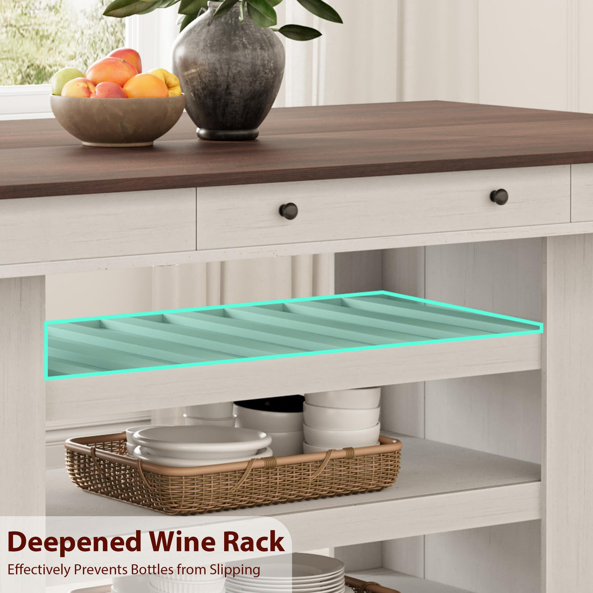 GAOMON 60" Counter Height Dining Table for 4, Farmhouse Rectangular Tall Bar Height Kitchen Dining Table & Thick Table Top, with Deepened Wine Rack & Shelves for Kitchen, Bar,Retro White & Brown GAOMON