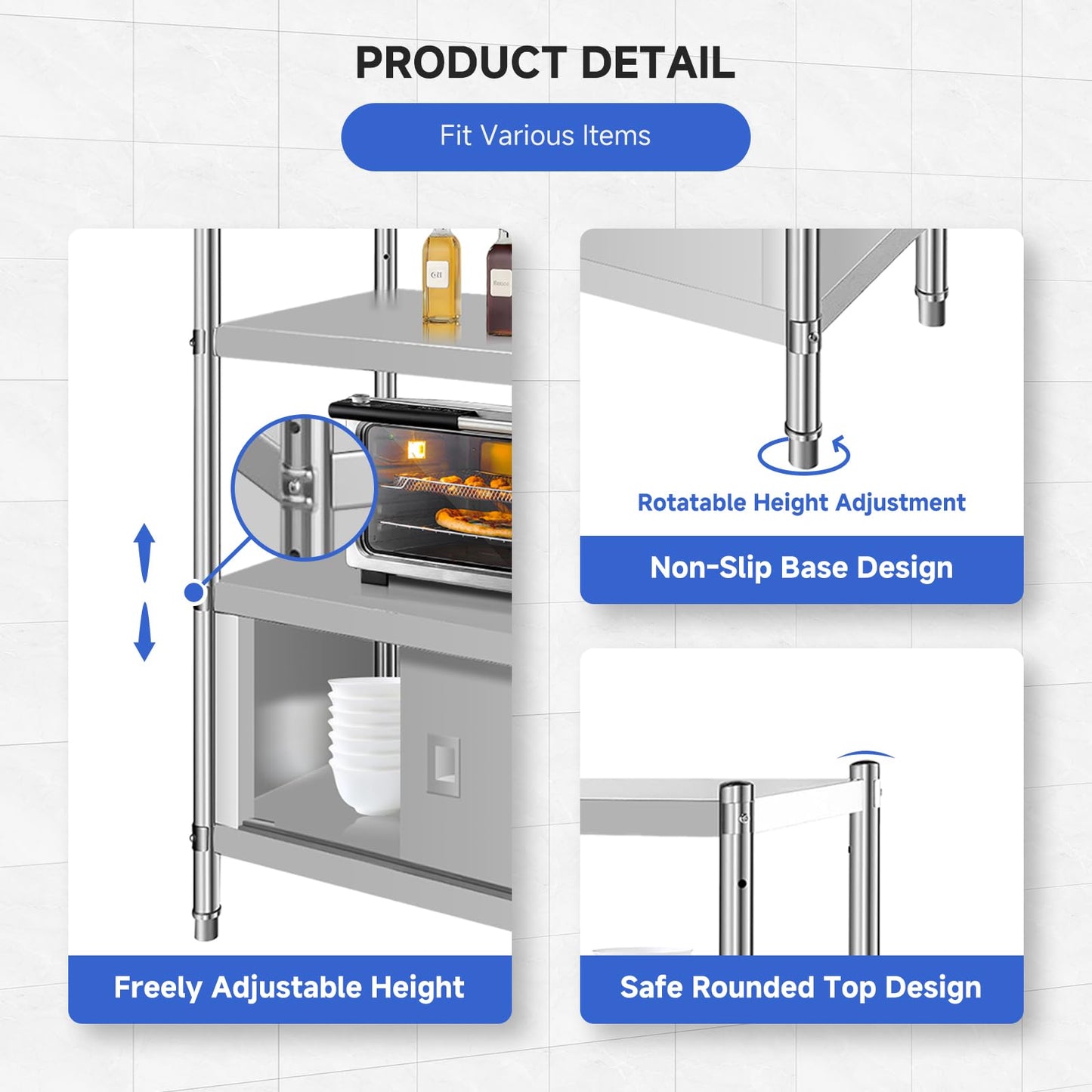 Garvee Stainless Steel Shelves,48x18x60 in Storage Shelf 4-Tier Heavy Duty Adjustable Shelf Unit with Cabinet for Kitchen Garage Office Restaurant Warehouse,330lb Per Shelf