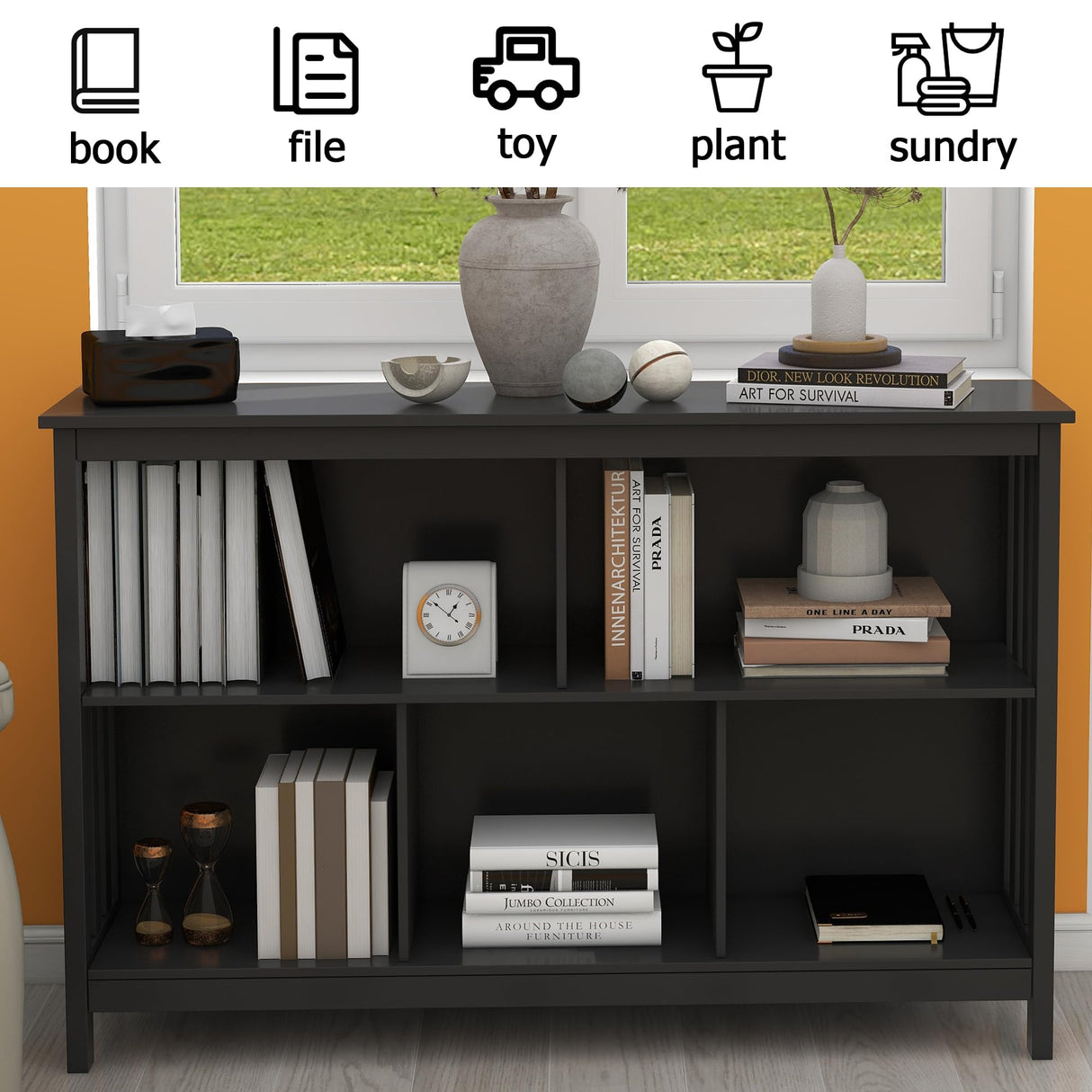 TaoHFE Short Bookshelf with 2-Layer 5 Cube Shelf,Wooden Bookcase Modern Minimalist Style, Horizontal Bookshelf for Living Room, Classroom, Bedroom, Book Shelf with Storage Cube Bookcase, Black TaoHFE