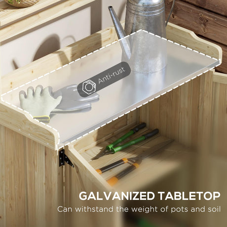Outsunny Potting Bench, Outdoor Wooden Potting Table with Storage Cabinet with 2 Shelves, Garden Work Bench with Galvanized Plated Tabletop for Backyard, Balcony, Natural Outsunny