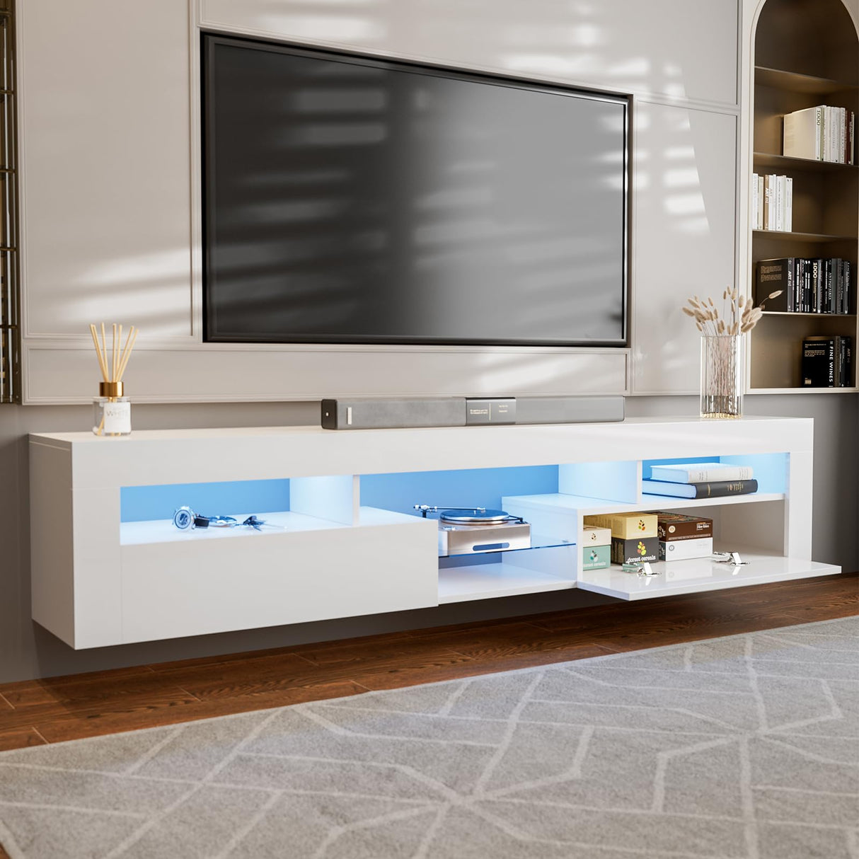 IKIFLY LED Floating TV Stand for 85+ inch TV, White High Glossy Wall Mounted Haning TV Stand with 2 Cabinets, Modern Floating Entertainment Center Console Shelf for Living Room, Bedroom IKIFLY