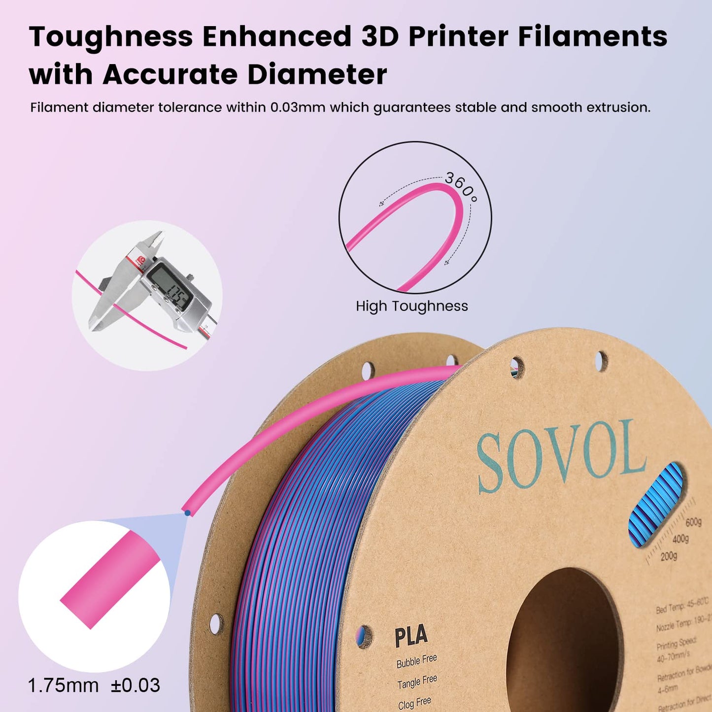 Sovol Dual Color PLA Filament 1.75mm, Silk PLA 3D Printing Material, Dual Color Filament Rose Red Blue 2 in 1 Coextrusion PLA Filament +/-0.02mm, 1kg/2.2lbs - WoodArtSupply