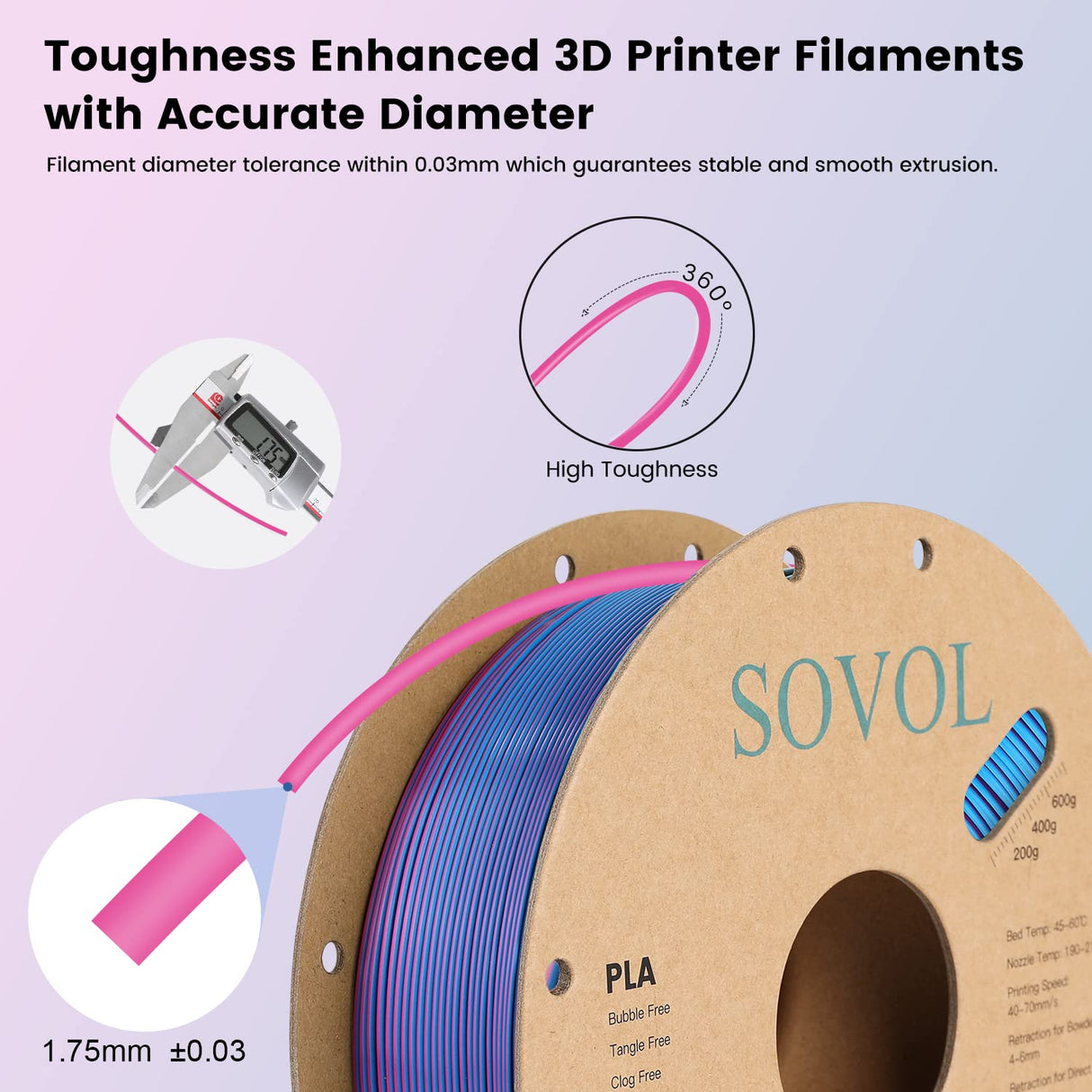 Sovol Dual Color PLA Filament 1.75mm, Silk PLA 3D Printing Material, Dual Color Filament Rose Blue 2 in 1 Coextrusion PLA Filament +/-0.02mm, 1kg/2.2lbs Sovol
