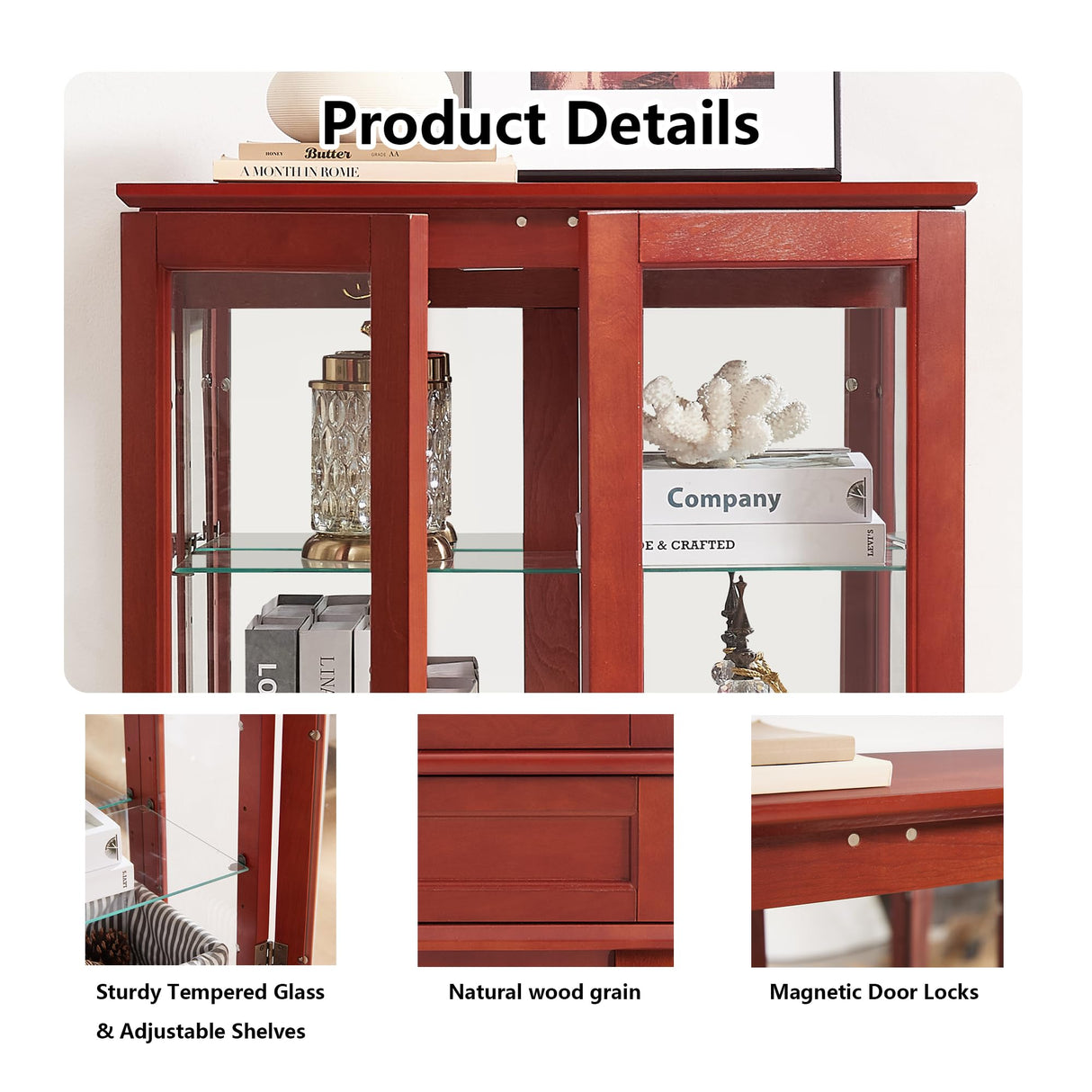 HIUU Cherry Curio Cabinets with Glass Doors,49.4’’H Curio Cabinet with Lights,Display Cabinet with Glass Doors and Adjustable Shelves,Wooden China Cabinet for Living Room HIUU