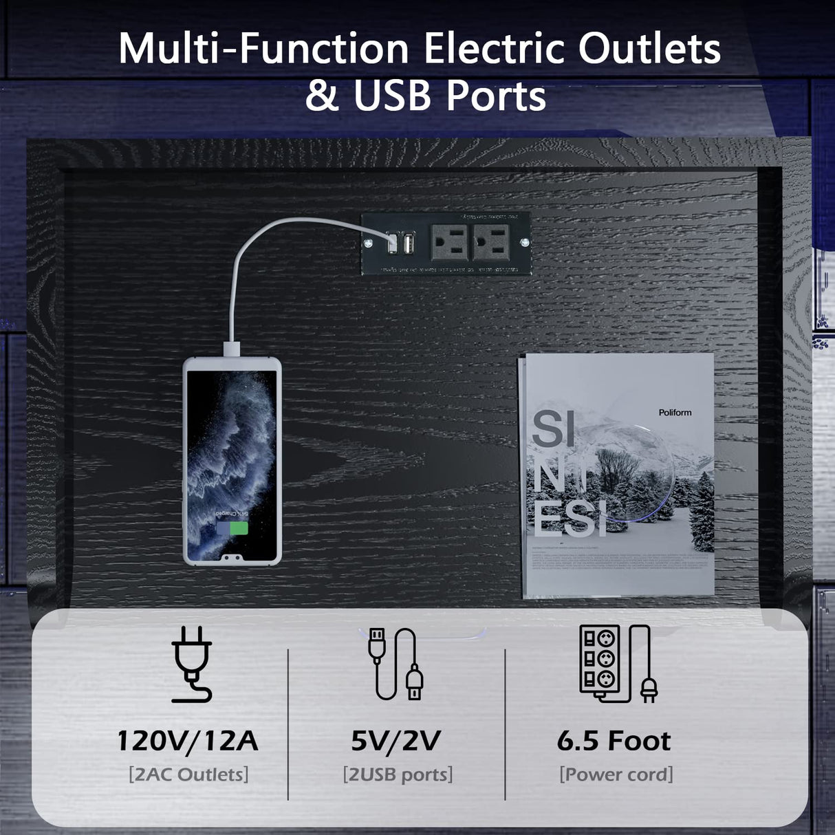 Black Nightstand with Charging Station, Night Stand with LED Lights, Modern Led End Table Nightstand for Bedroom, Bedside Table with 2 Drawers, Bed Side Table with Storage for Living Room 4ever2buy