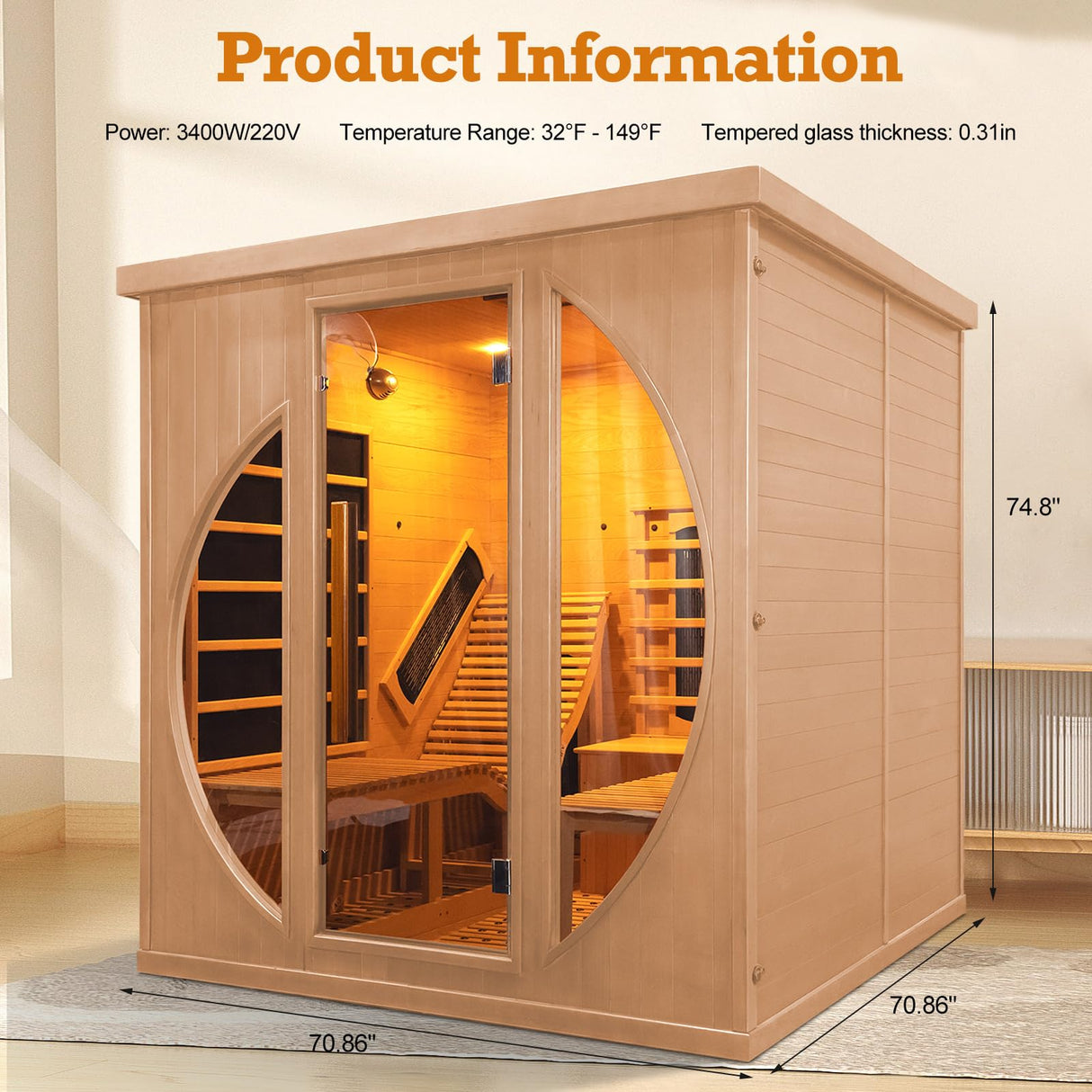amocane Far Infrared Sauna, 1-2 Person Sauna for Home, Wooden Lounger, 5 Ceramic Heater & 4 Carbon Fiber Panel, Oxygen Bar, Dry Saunas Spa(Hemlock, L 70.86" x W 70.86" x H 74.8") amocane