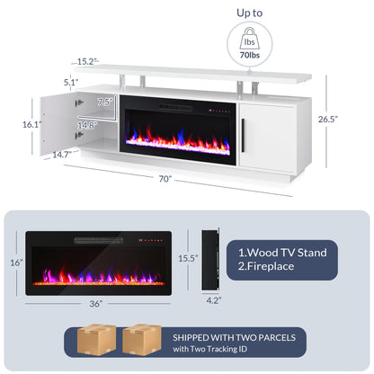 BELLEZE 70" TV Stand for TVs up to 75", LED Light Entertainment Center with 36" Electric Fireplace Heater, Storage Cabinet with USB AC Outlet, Media Console Table for Living Room - Avenue(White)