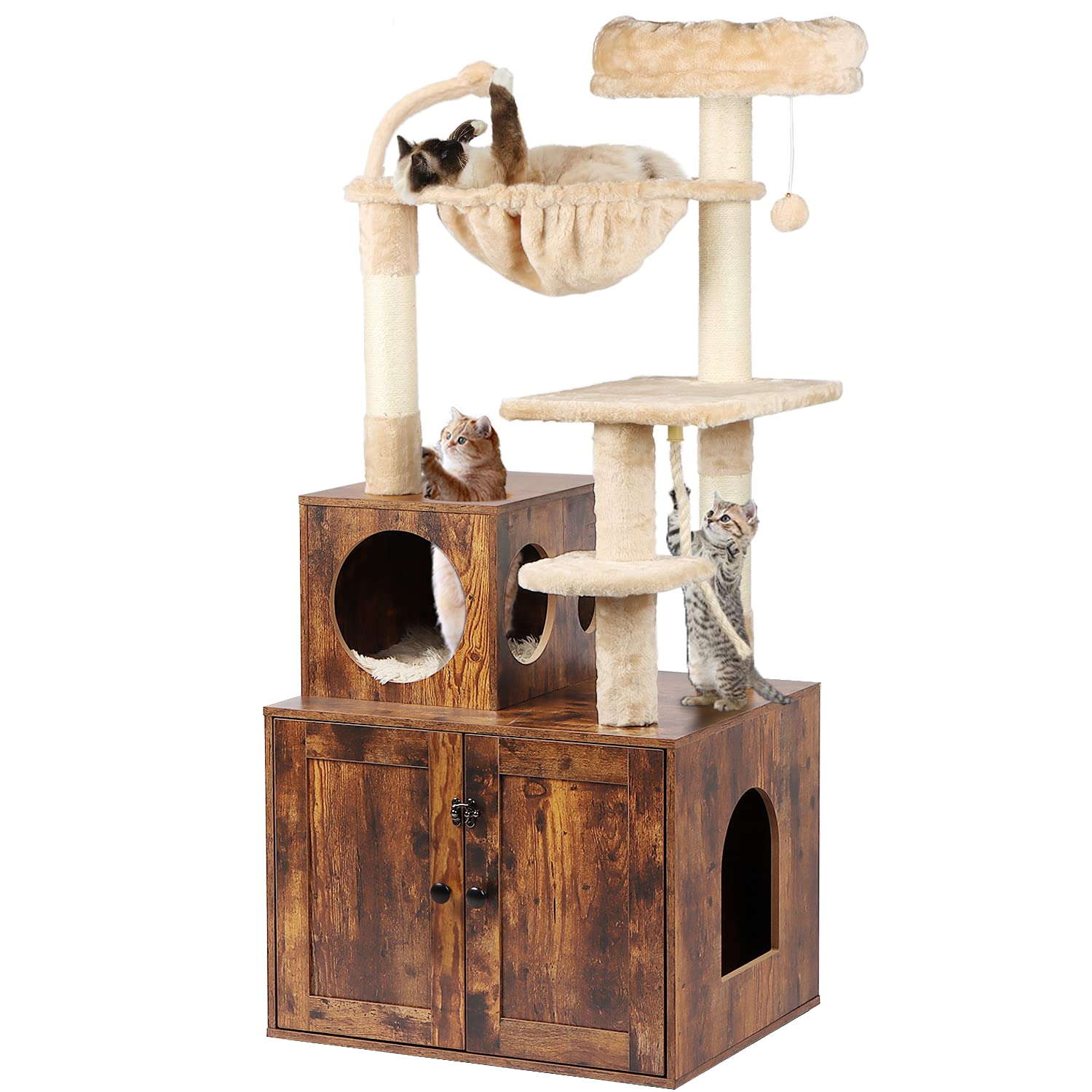 Timberer Cat Tree with Litter Box Enclosure, 2-in-1 Cat Tower for Indoor Cats, Large Cat Furniture, Wood Cat Condo with Basket, Scratching Posts, Pompoms, Rustic Brown - WoodArtSupply