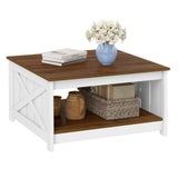 Giantex Farmhouse Coffee Table, 31 Inch Square Wood Coffee Table with Storage Shelf, 2-Tier Vintage Center Table with Open Compartment, Rustic Living Room Table for Home Office, White & Brown Giantex