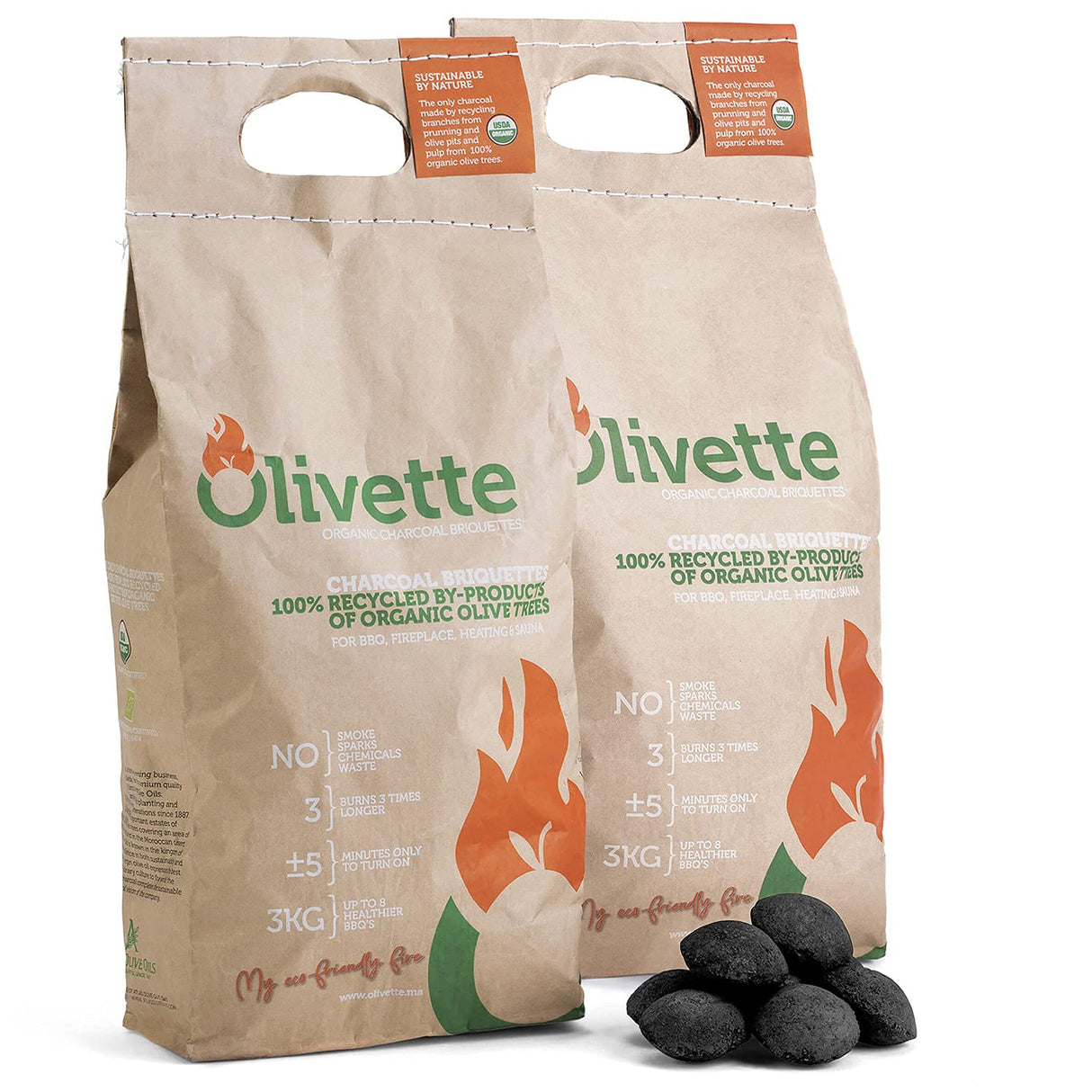 Organic Charcoal Briquettes by Olivette, Reusable Charcoal for Grilling, USDA Certified, Recycled Olive Tree Byproduct, Ready to Light, 6.6 lb. Bag Equal to 20 lb. of a Regular Charcoal, 2-Bag Pack Olivette